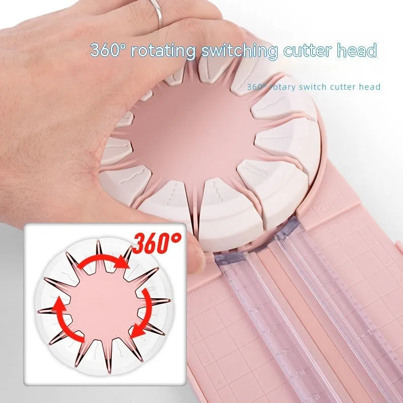 Pink plastic multifunctional 12-in-1 paper cutter and scoring board with size guides.