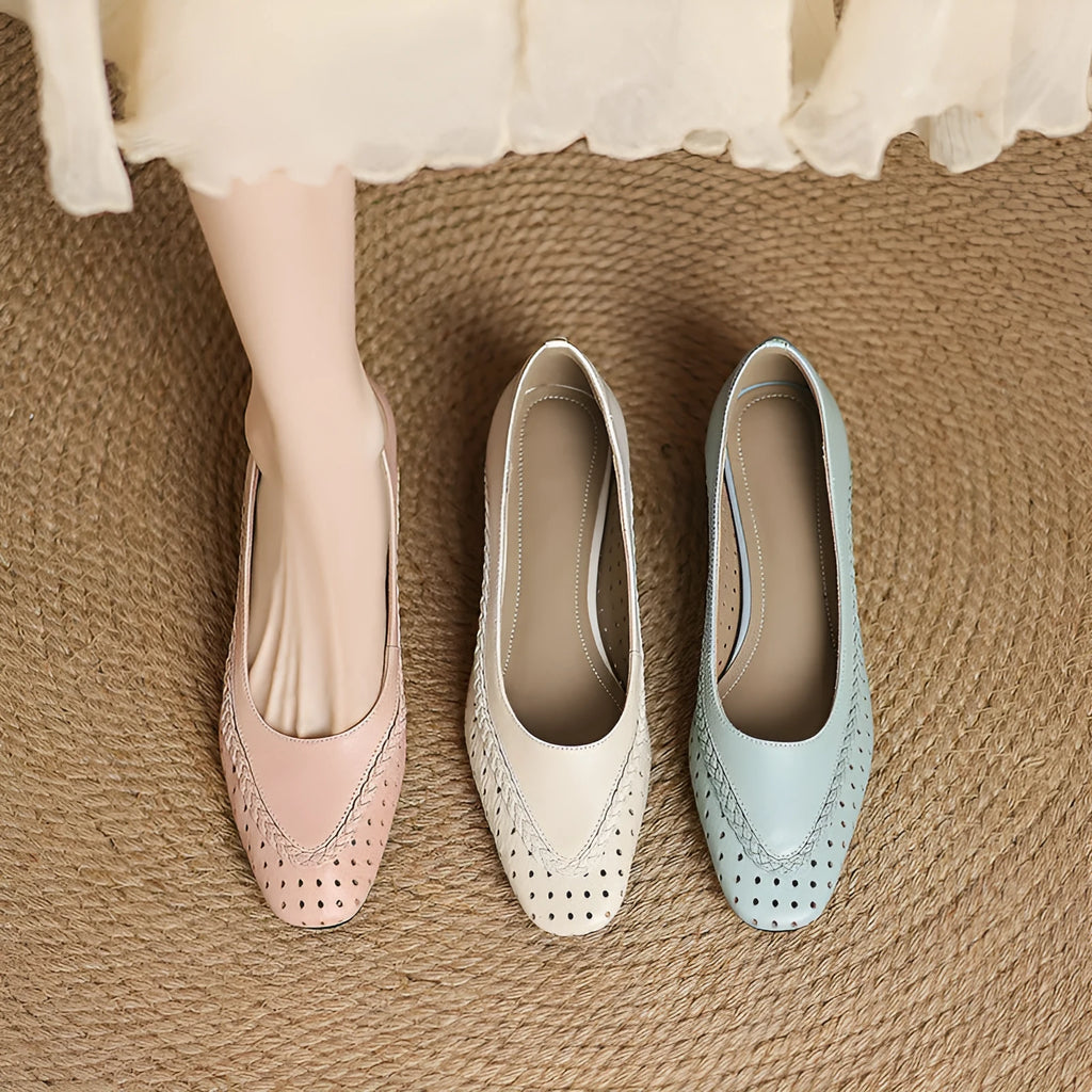 Women's shallow mouth hollow-out round toe mid heel sandals in milky white