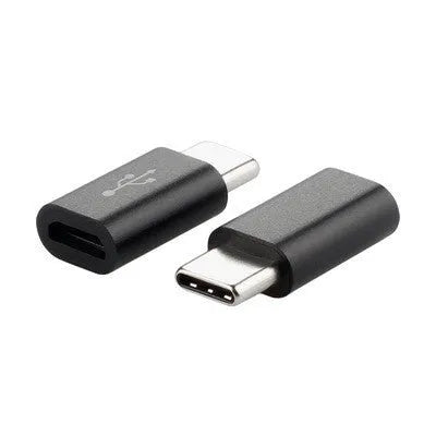 Micro USB to USB C adapter in black, compact size, with micro USB male and USB C female ends