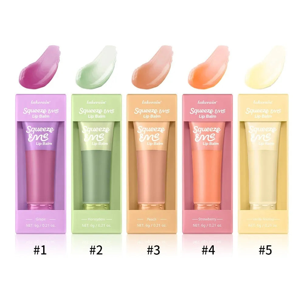 6g squeeze lip balm tube with sweet fruit flavours including Grape, Honeydew, Peach, Strawberry, and Vanilla Frosting.