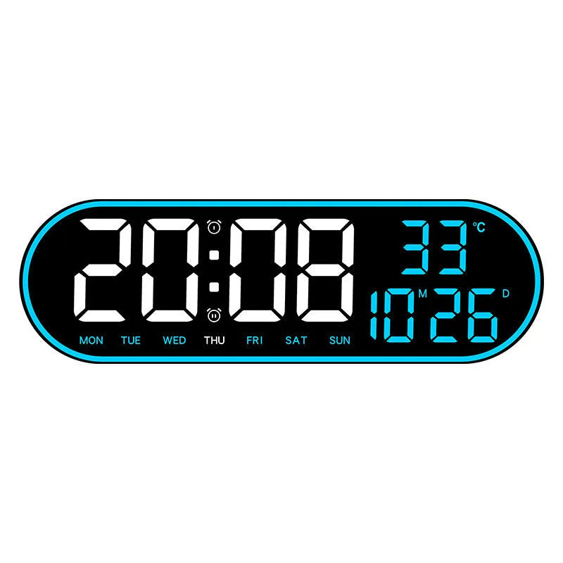 15 inch digital wall clock with plastic shell and six colour light options on a modern wall