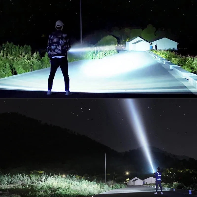 Rechargeable 20W LED torch with aluminium alloy body, focusing beam, 200-500m range, and charger