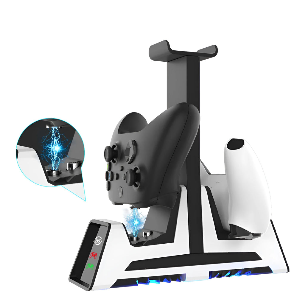 Multifunctional charging base for PS5 PS4 Switch Pro Xbox controllers with two magnetic charging points and Type-C cable