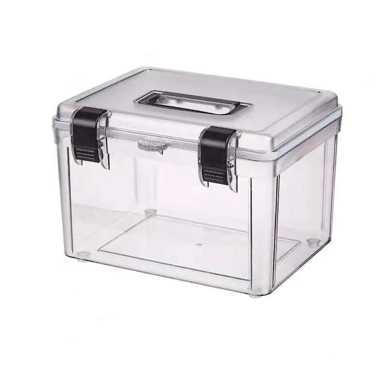 Transparent acrylic plastic storage box with a lockable lid, shown in 4L, 8L, and 11L size options.