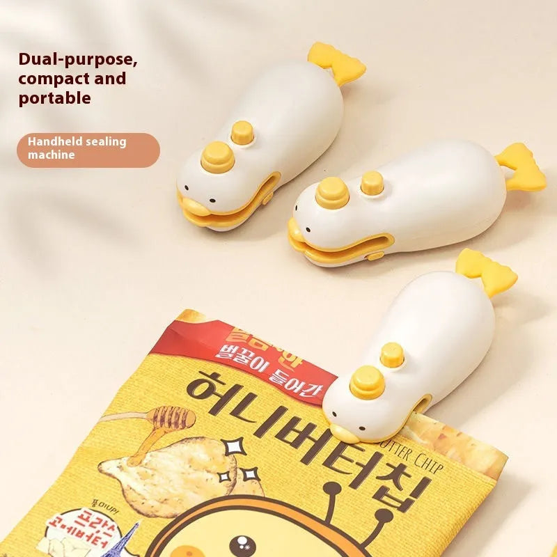 Yellow duck-shaped rechargeable bag sealing machine with animal jacquard pattern and charging cable