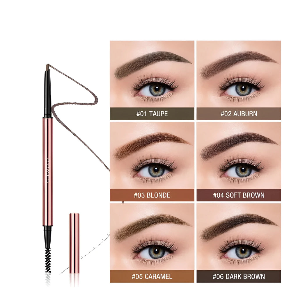 A 15.5 cm long eyebrow pencil in a colour box, available in six shades such as AUBURN and DARK BROWN.