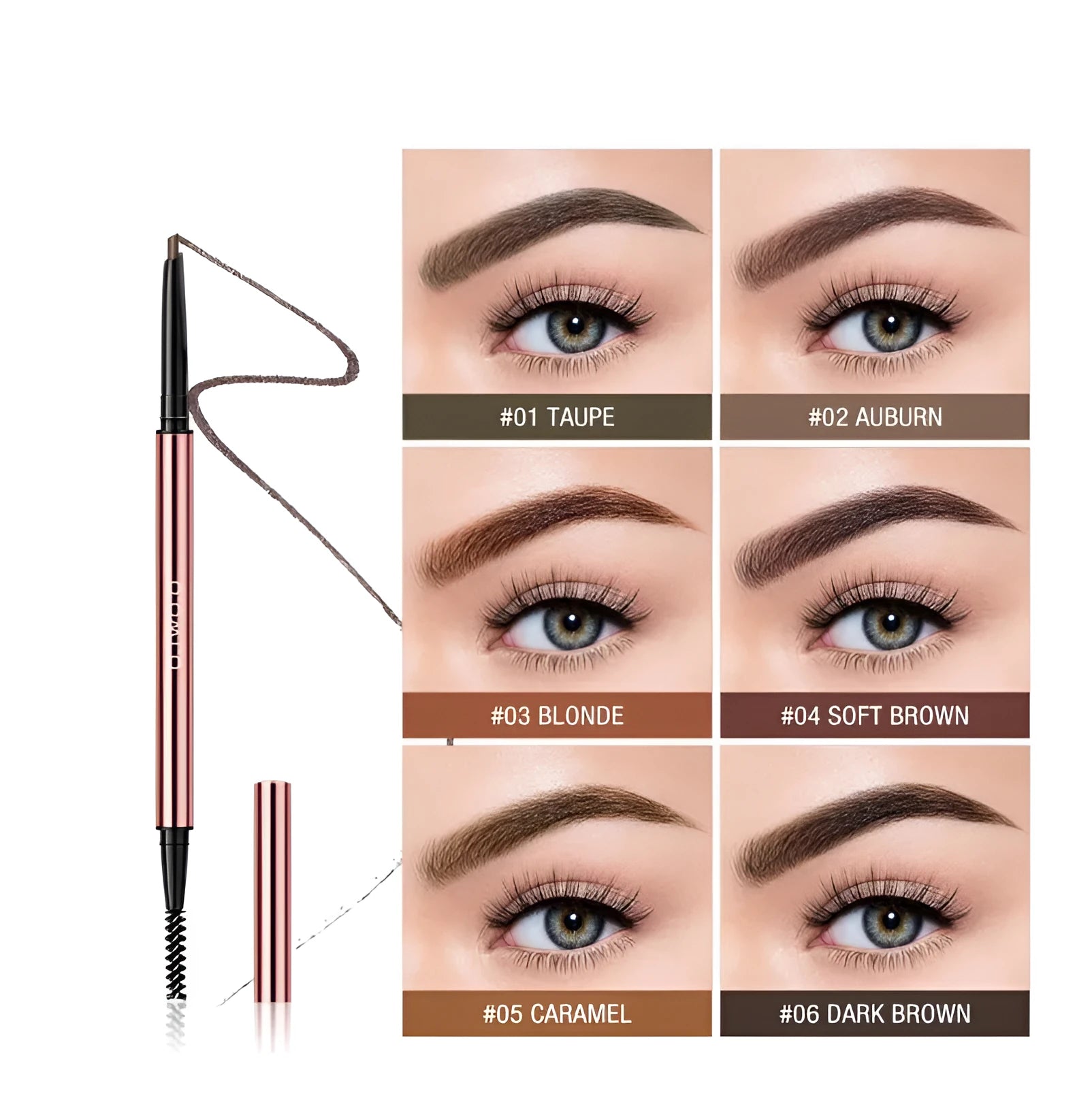 A 15.5 cm long eyebrow pencil in a colour box, available in six shades such as AUBURN and DARK BROWN.