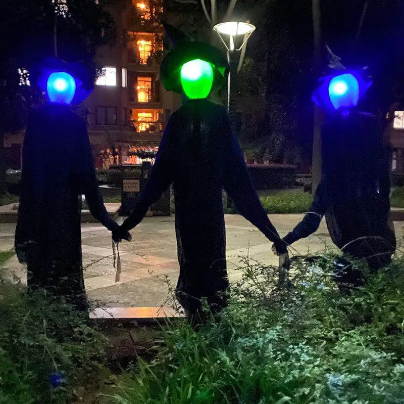 Halloween hanging ghost animatronic prop with flashing red LED eyes and support tubes