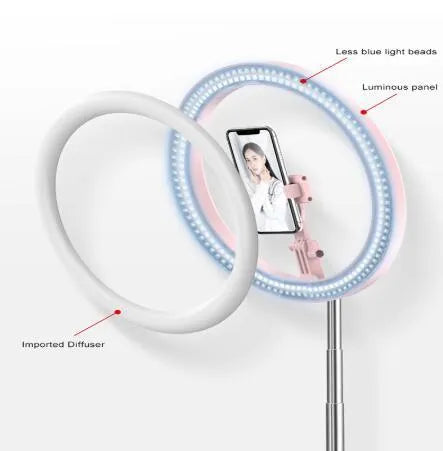 Portable 290mm LED selfie ring light in black on table, showing centre phone holder and adjustable brightness button