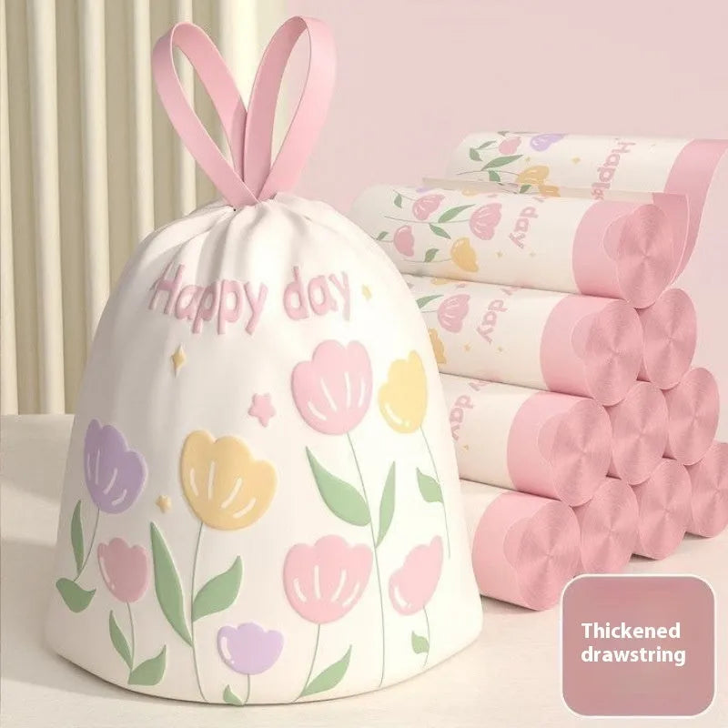 Pink degradable drawstring garbage bags with argy wormwood mosquito repellent, shown in a pack.