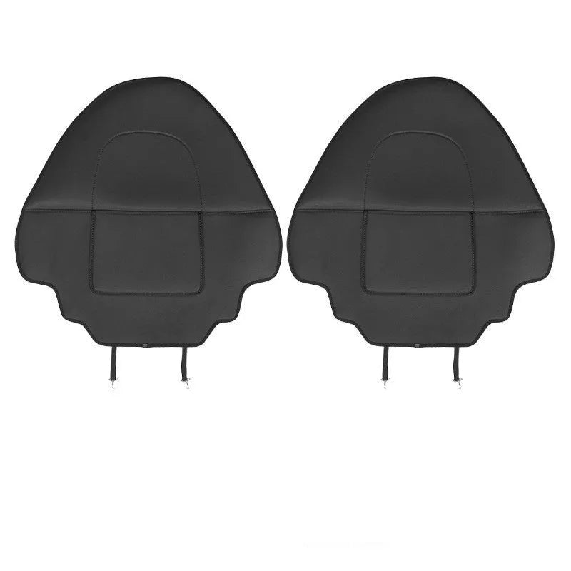 Two black leather rear anti kick pads for car seat back protection.