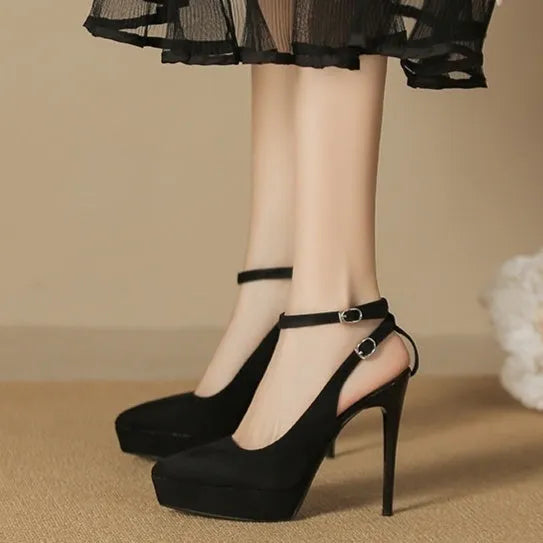 Black waterproof platform stiletto heels with pointed toe, satin or suede finish, rubber sole, 8-12cm heel