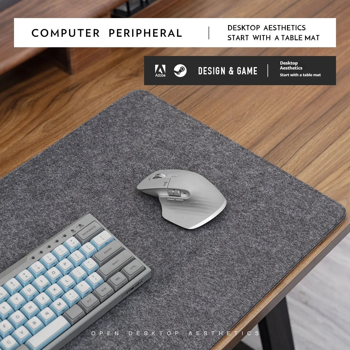 Japanese style felt cork desk mat with non-slip base in black and gray pattern
