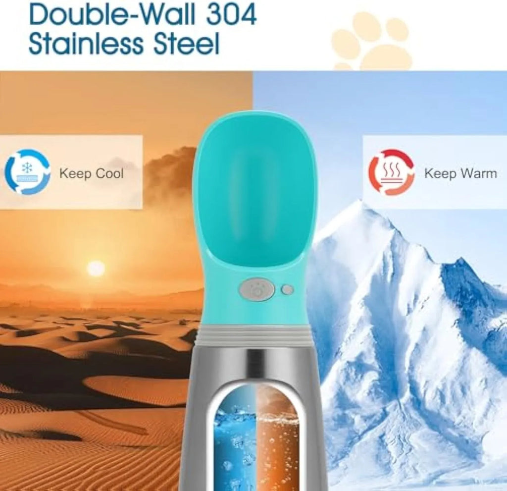 Blue stainless steel portable dog water bottle with drinking feeder showing 700ml capacity