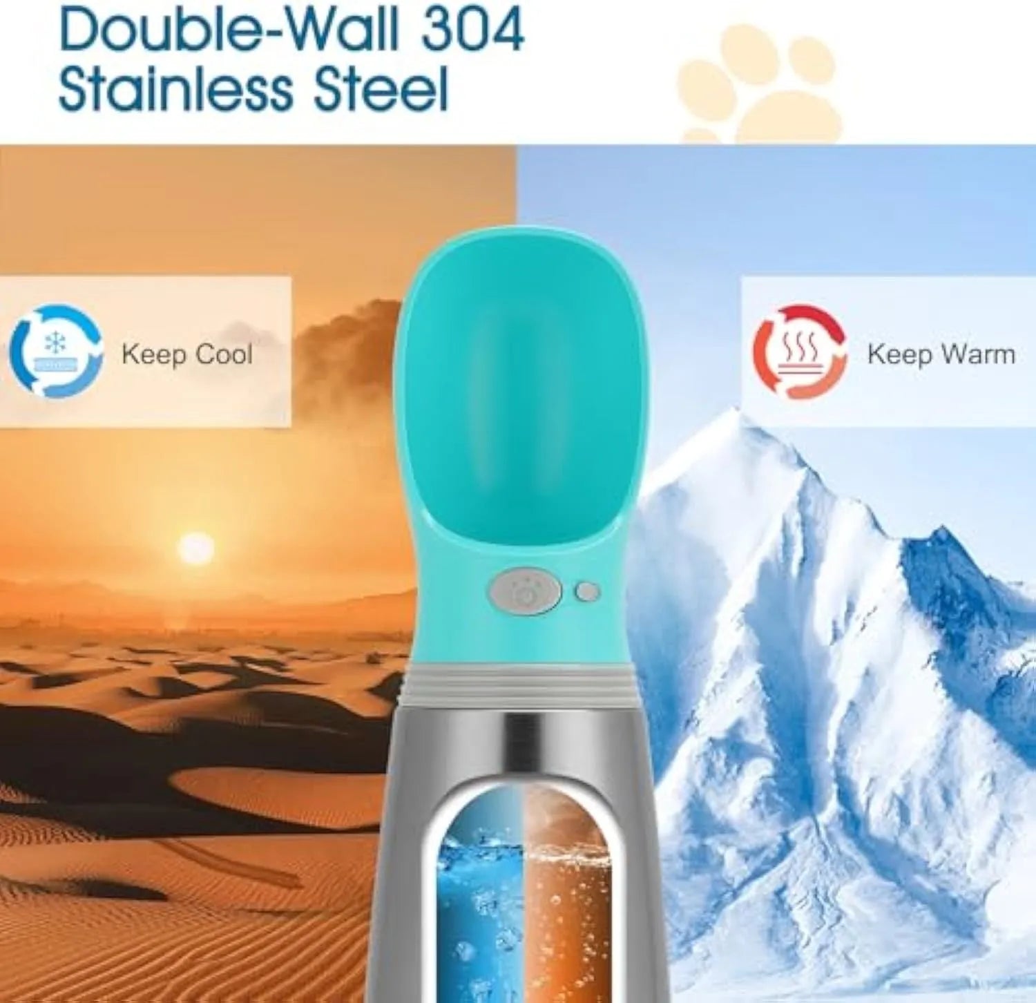 Blue stainless steel portable dog water bottle with drinking feeder showing 700ml capacity