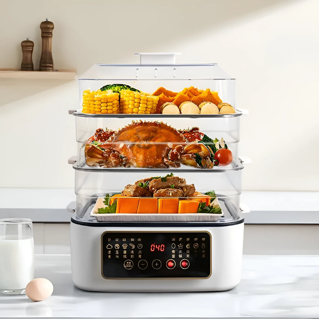 Stainless steel electric steamer appliance with 10+ litre capacity and stainless steel steaming rack