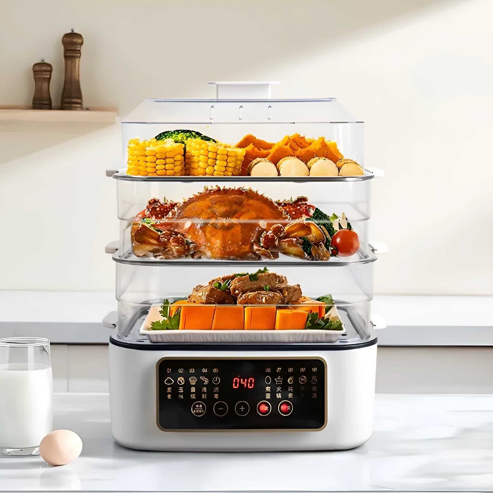 Stainless steel electric steamer appliance with 10+ litre capacity and stainless steel steaming rack