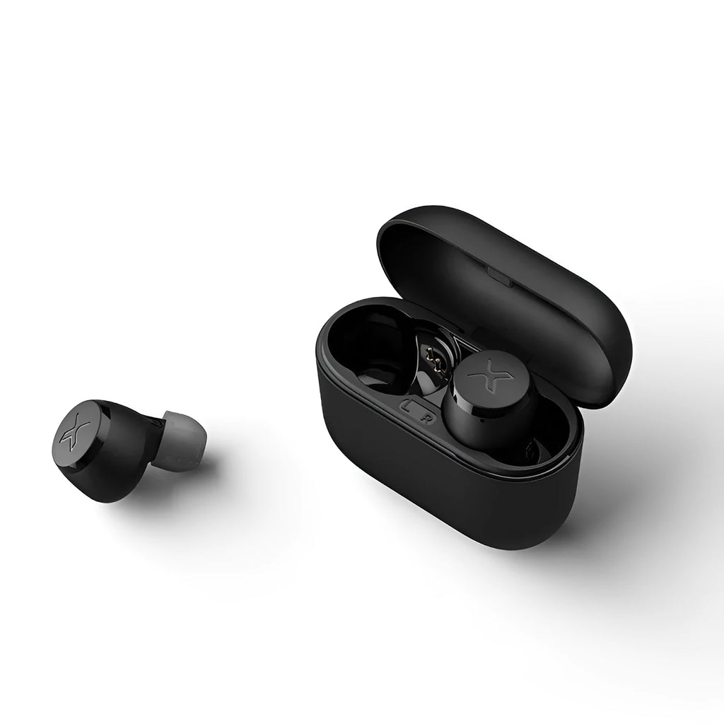 True wireless Bluetooth earbuds in Black with earplug-style fit and charging case