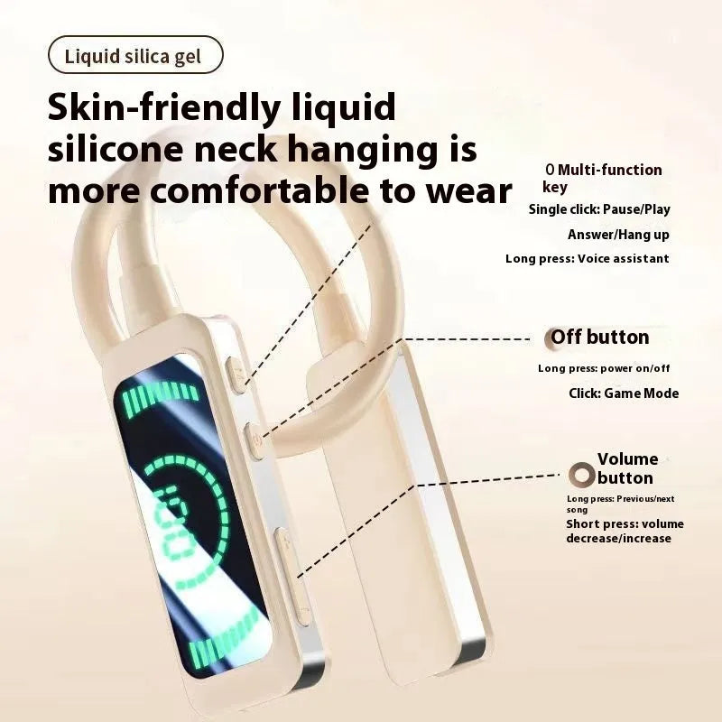 Neck-mounted wireless Bluetooth headset with digital display, in black, skin colour, or orange, PC ABS construction
