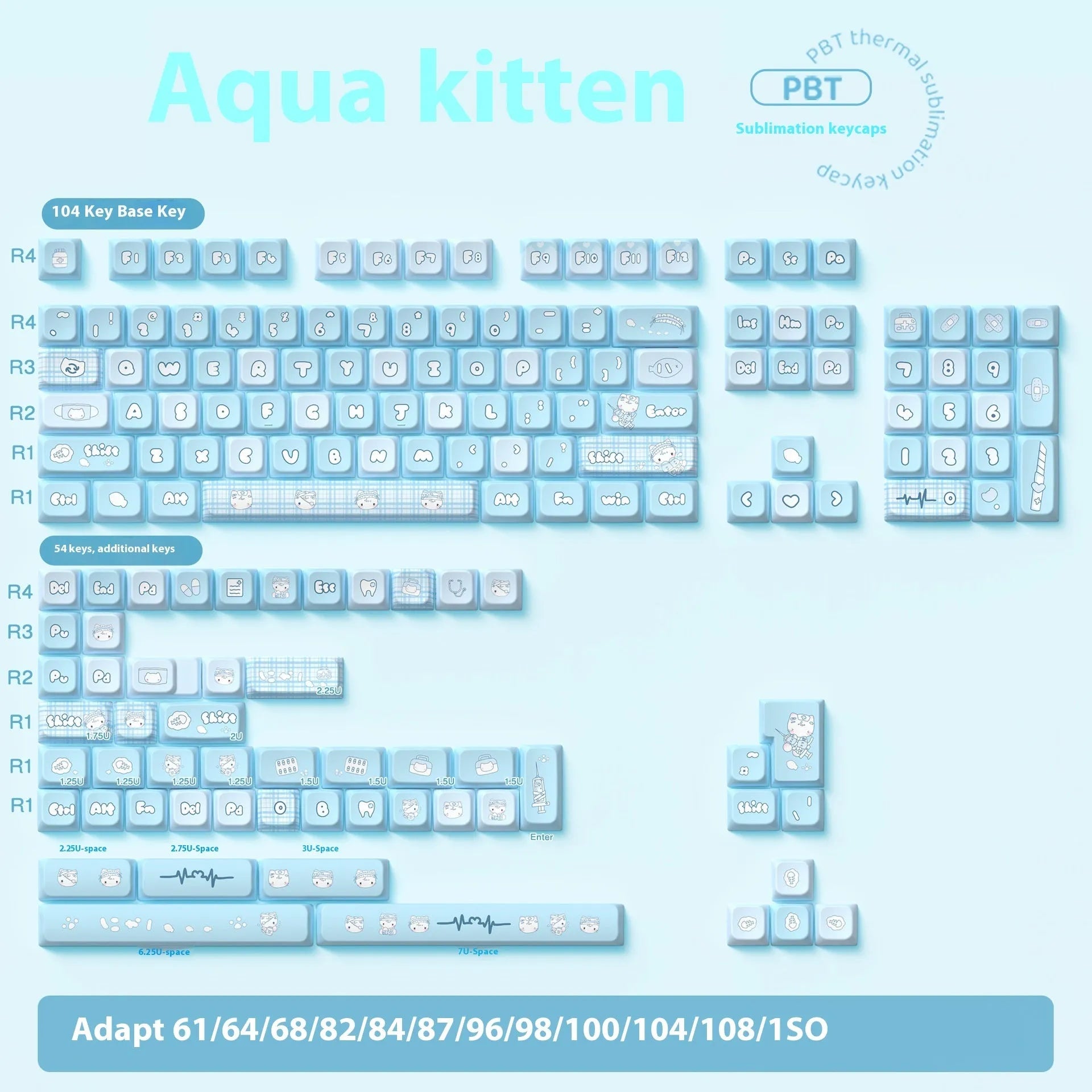 Watercolor kitten design custom mechanical keyboard keycaps with PTB construction and sublimation printing