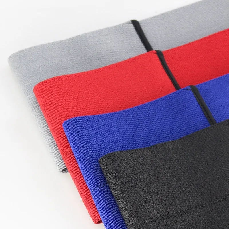 Elastic elbow support bandage for boxing in black, blue, grey, or red colour, shown in size S, M, or L.