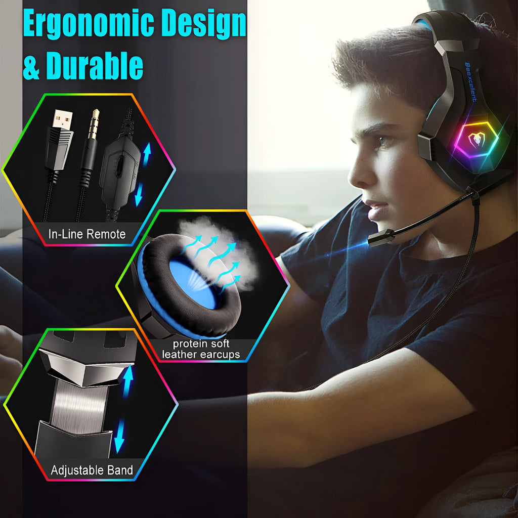 Thunder Wear Luminous gaming headset with microphone, RGB lights, and braided cable in black with coloured trim.