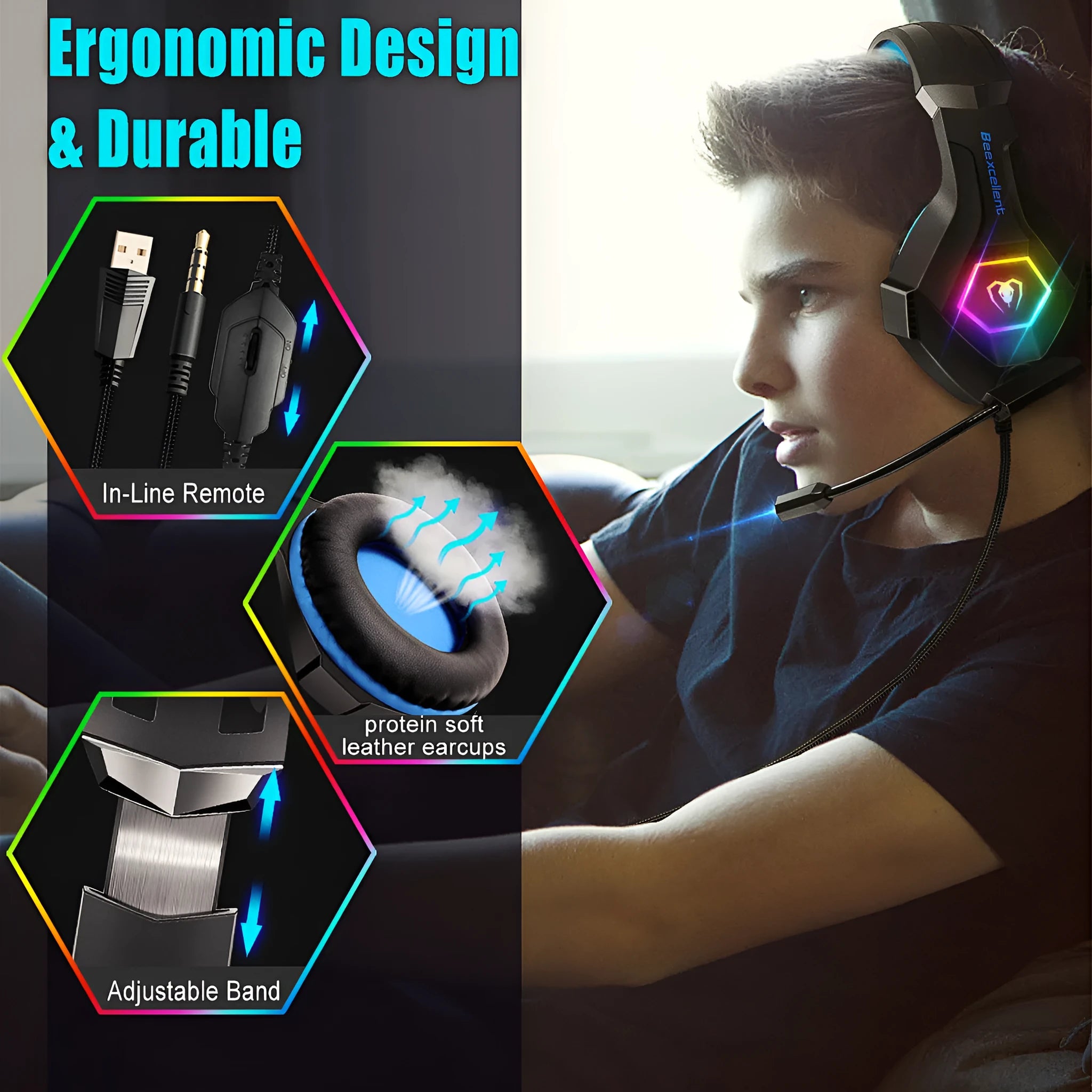 Thunder Wear Luminous gaming headset with microphone, RGB lights, and braided cable in black with coloured trim.