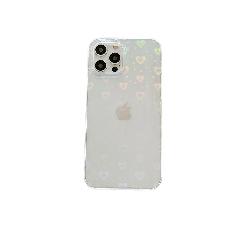 Transparent silicone mobile phone case featuring a Laser Love design, shown fitted on an iPhone.