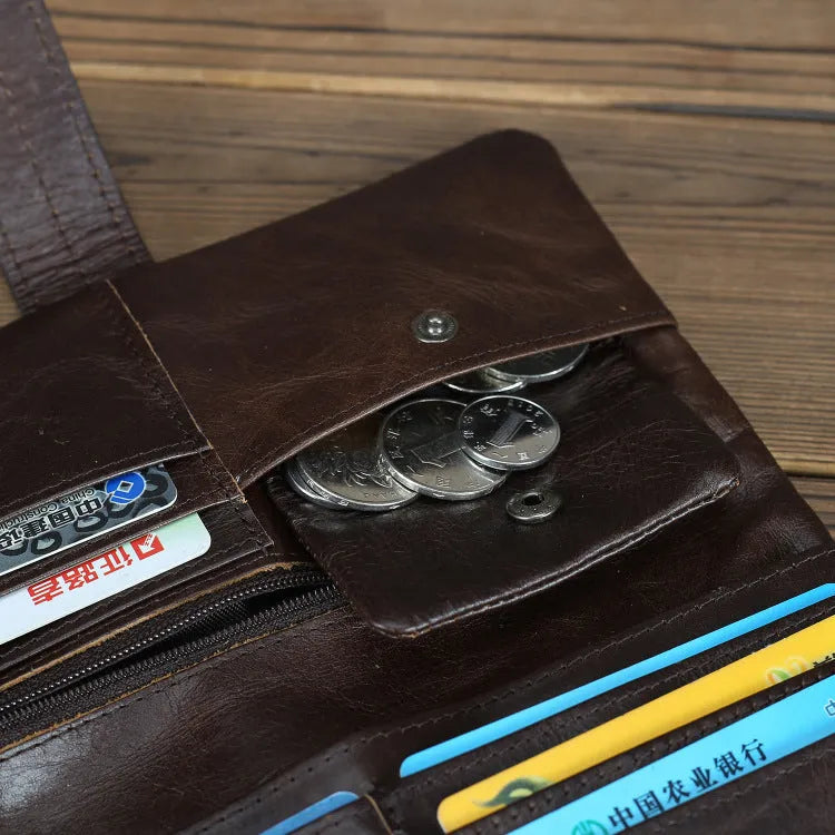 Brown genuine leather women's wallet with multiple card slots and sewing thread detail