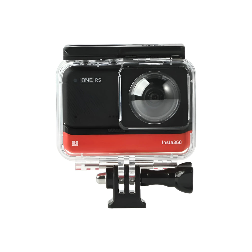 Transparent Insta360 One RS waterproof housing case for underwater use.
