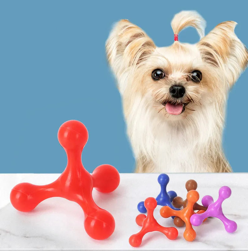 Three-legged silicone chew toy for dogs in blue, green, purple, red colours