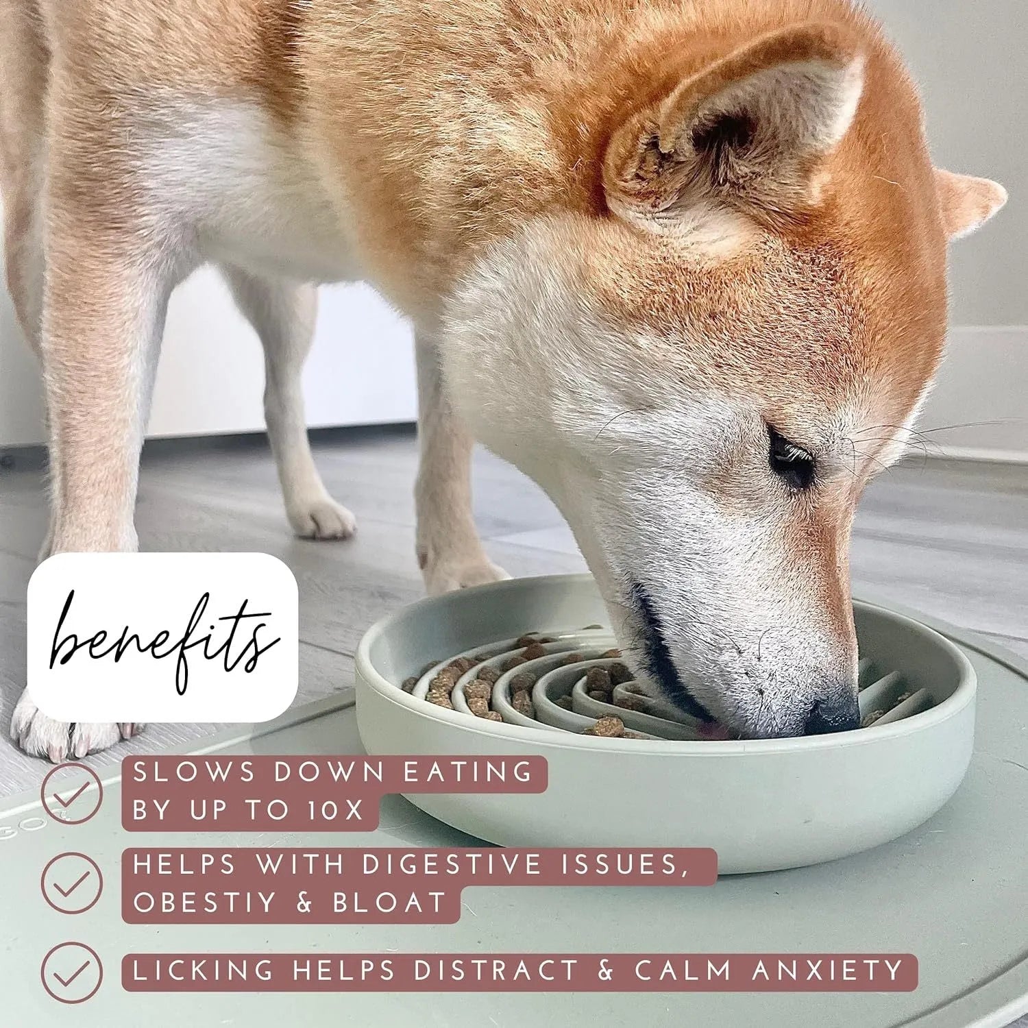 Silicone slow feeder dog bowl with textured ridges, shown in beige colour on a wooden surface.