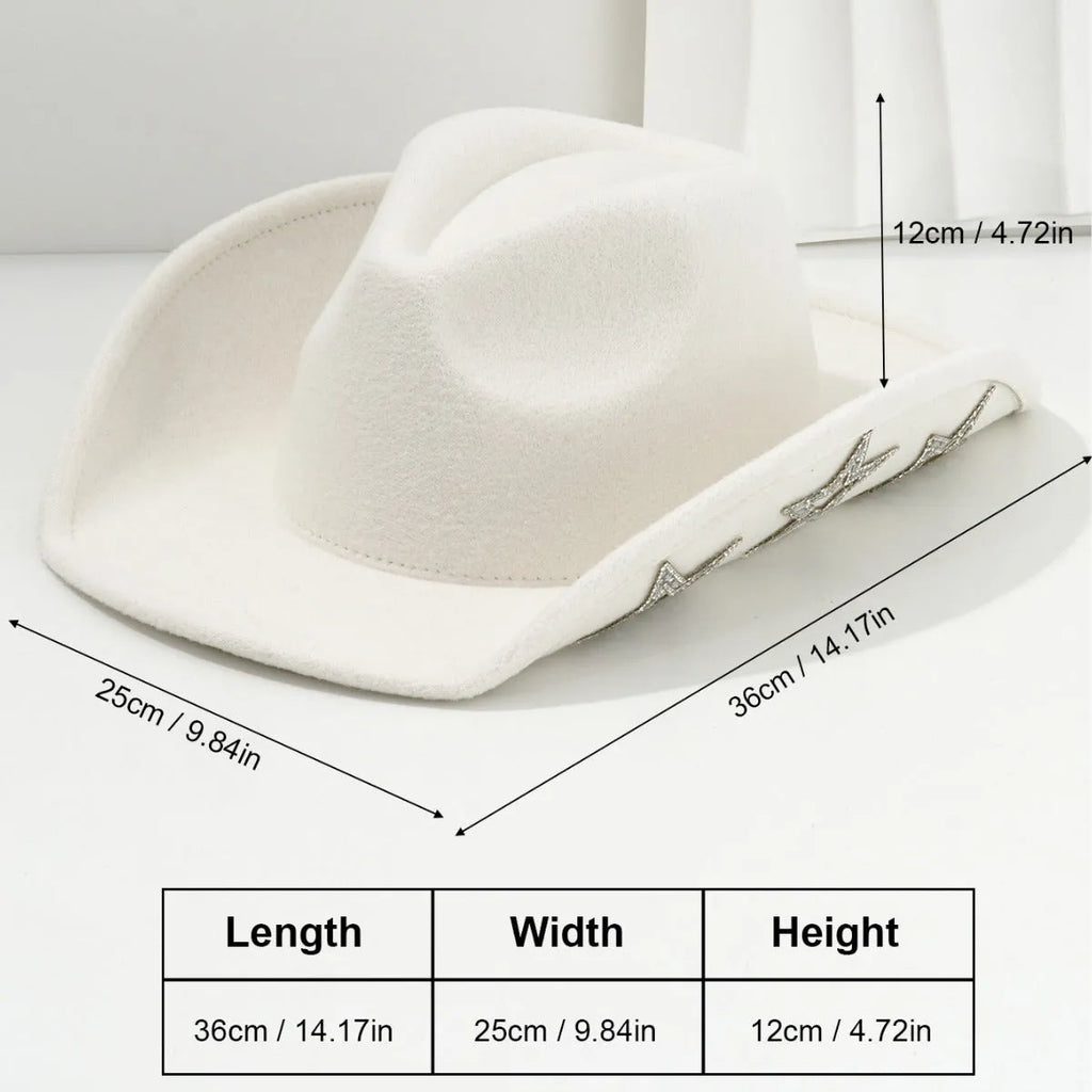 Beige woolen felt western hat with conical crown and hexagonal star on the front, size M for 56-58cm head circumference.