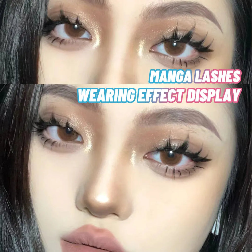 Manga cosplay false eyelashes in natural wispy styles 007, 008, and 009 with black plastic terriers