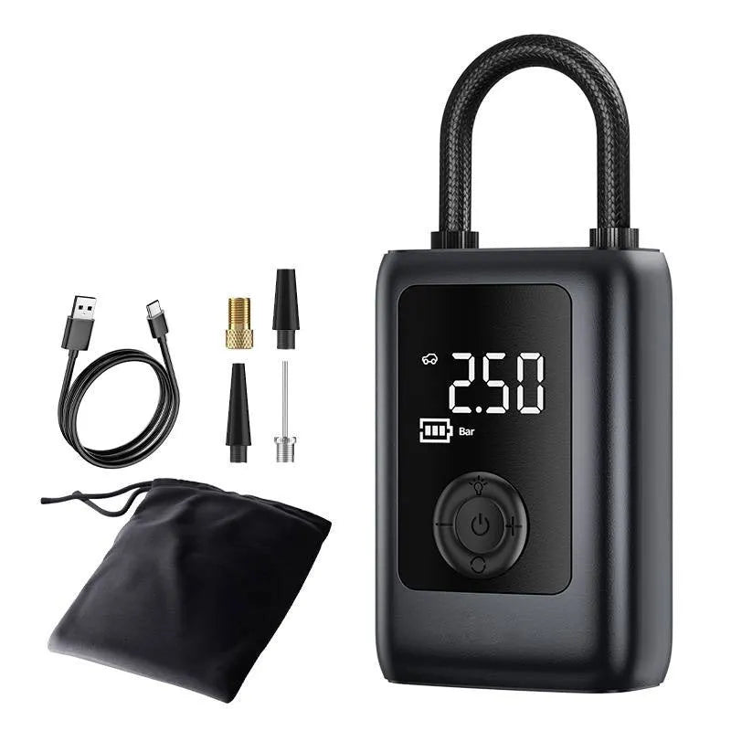 Portable 12V ABS car tyre inflator with LED light and built-in tire pressure gauge
