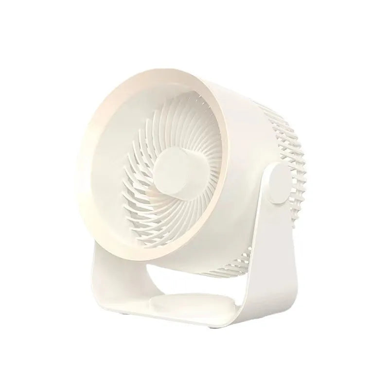 Gray wall-mounted fan with four blades and USB cable on a white wall