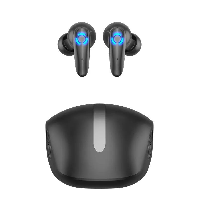 TWS wireless gaming earbuds in black, white, and yellow colours with USB charging cable