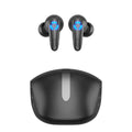TWS wireless gaming earbuds in black, white, and yellow colours with USB charging cable