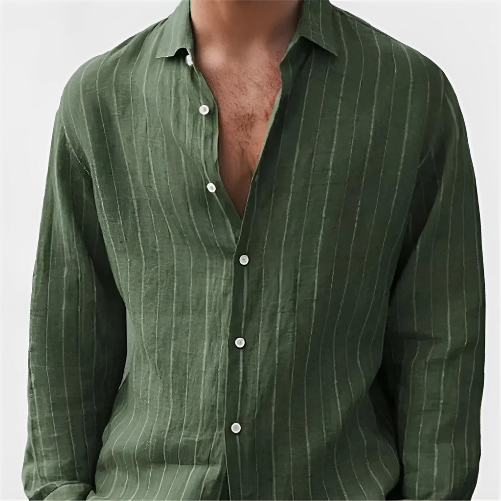 Men's striped polyester cardigan style shirt shown in multiple colour options