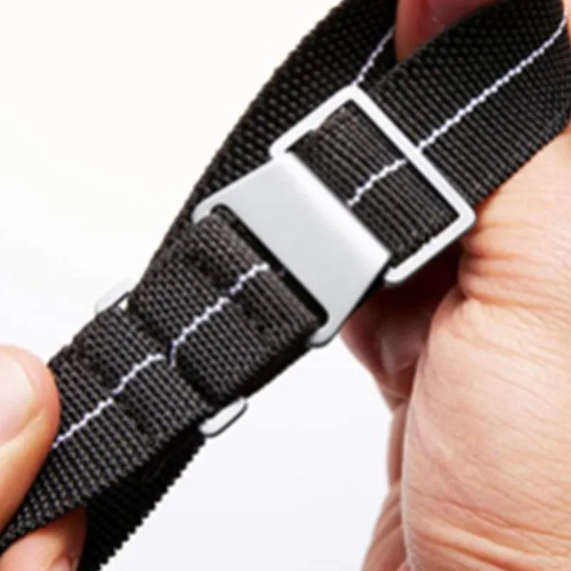 Elastic nylon watchband in green, blue, or black with silver buckle or black button, available in 18mm, 20mm, and 22mm widths.
