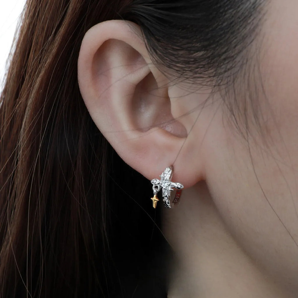 925 silver cross earrings with geometric design and white gold electroplated finish