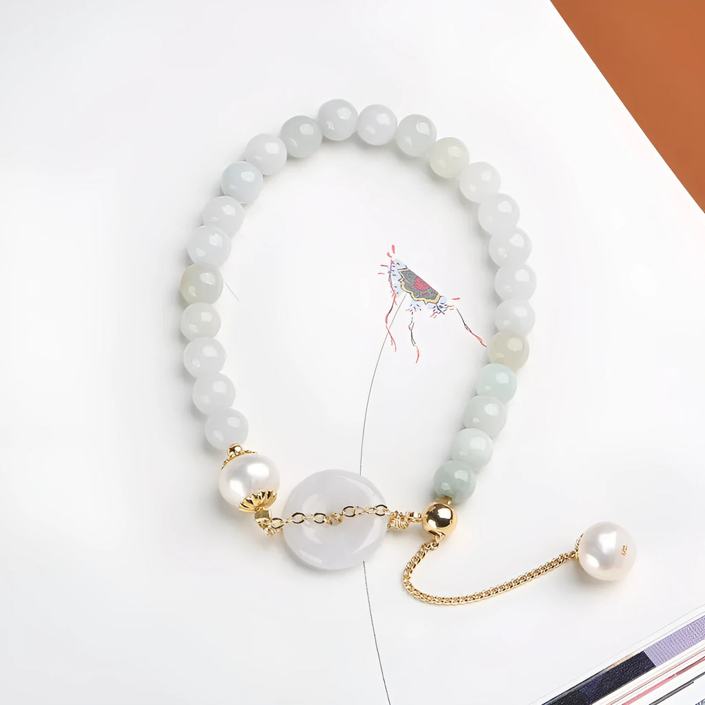 National style jade and pearl bracelet for women with a geometric peace buckle charm.