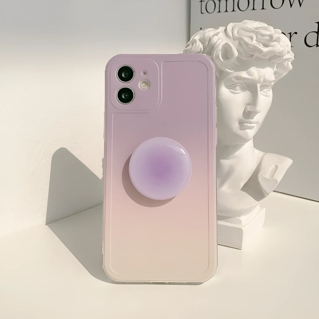 Yellow and purple gradient silicone iPhone case with extended X bracket stand.