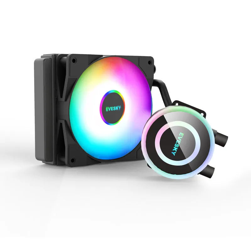 CPU liquid cooler radiator with RGB lighting on fan, showing aluminium construction.