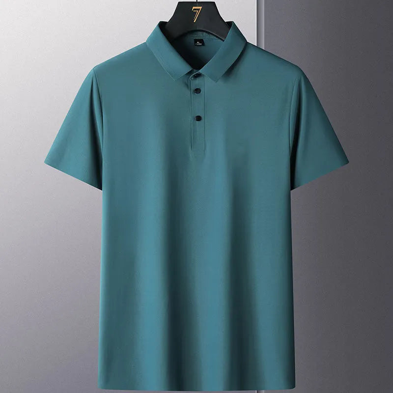 Men's non-iron short sleeve business casual shirt in navy blue on a hanger.