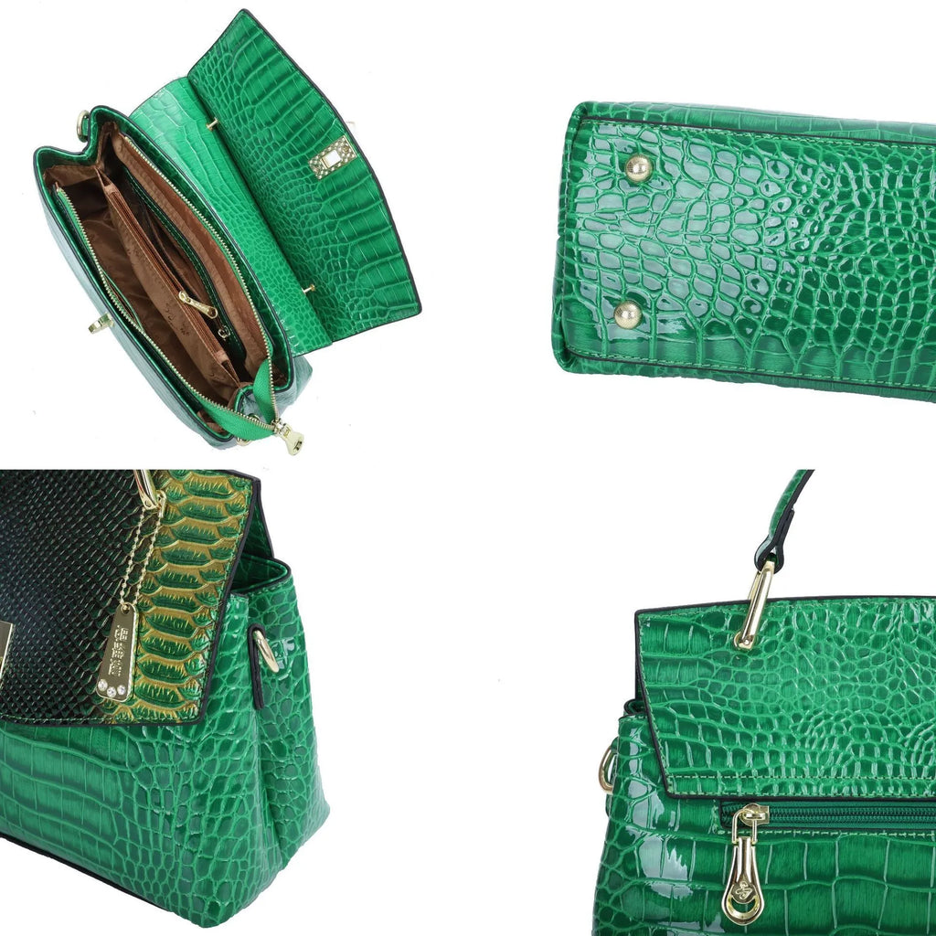 Women's structured crossbody handbag in colourful crocodile pattern with double shoulder straps and organisational compartments