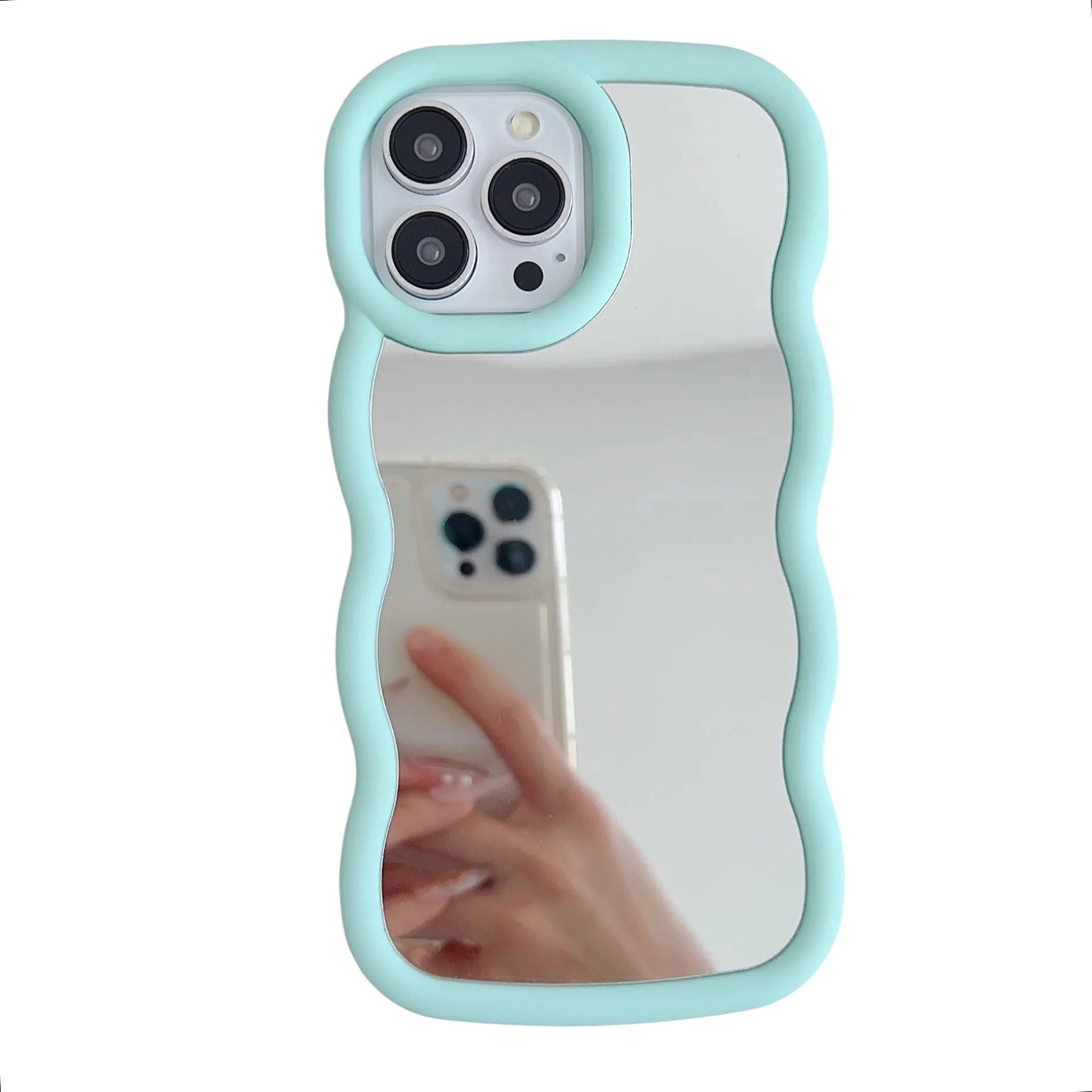 Silicone cloud wave phone case for iPhone 12-16, black back cover with mirror and stereo elements