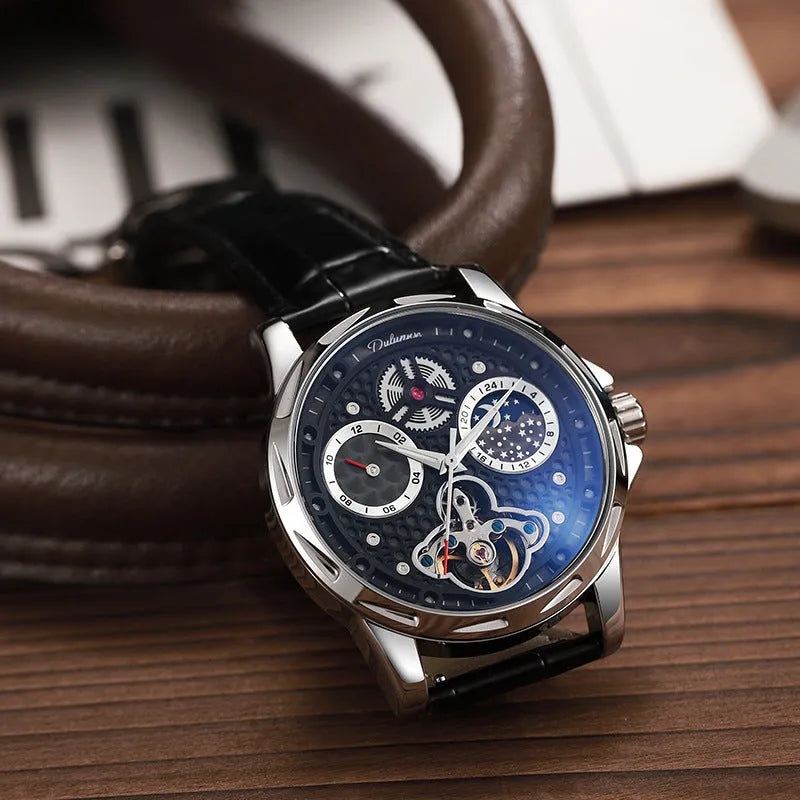 Men's black and white automatic waterproof watch with luminous dial and steel or leather strap