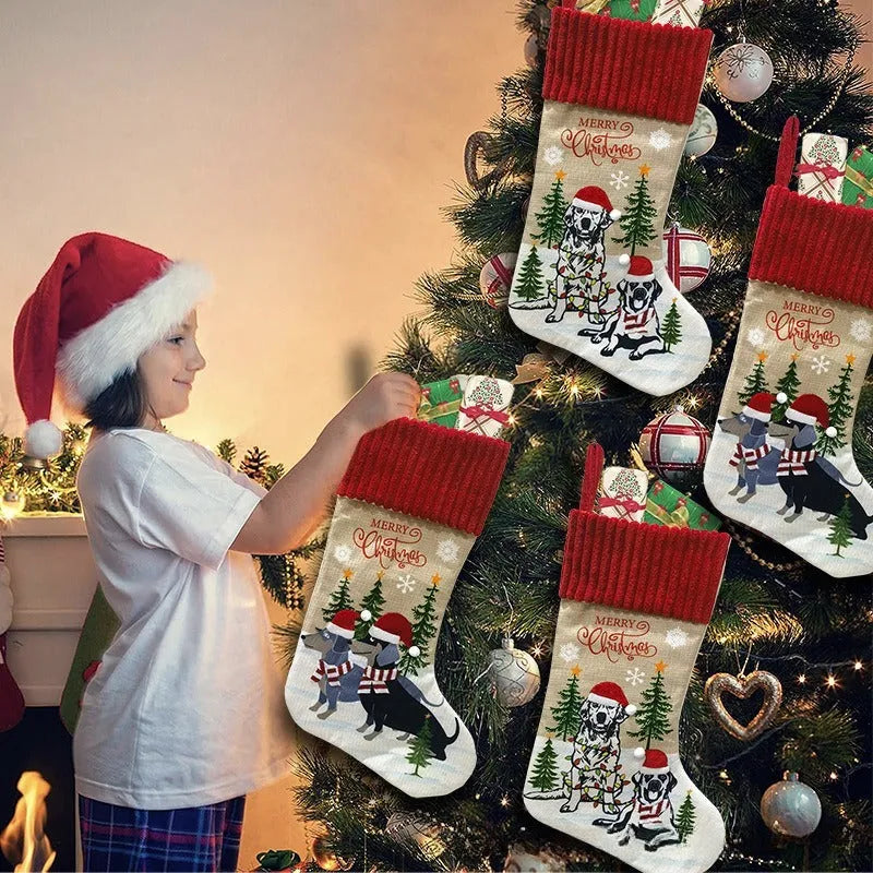 Cloth Christmas tree pendant with dog and cat sock designs, dimensions 46cm by 28cm