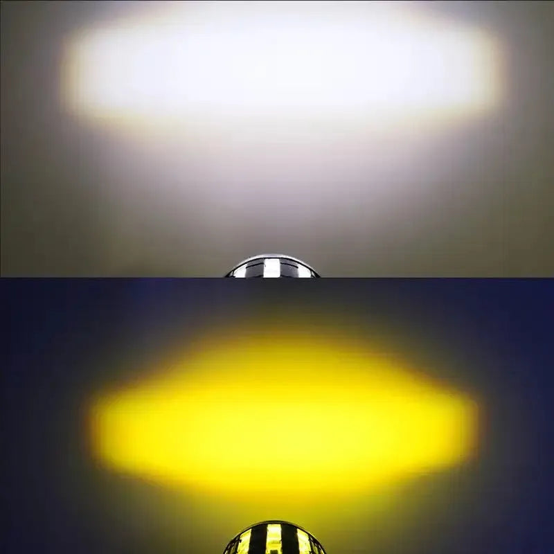 Motorcycle spotlight with dual colour lens in aluminium PC housing measuring 6x6x7cm